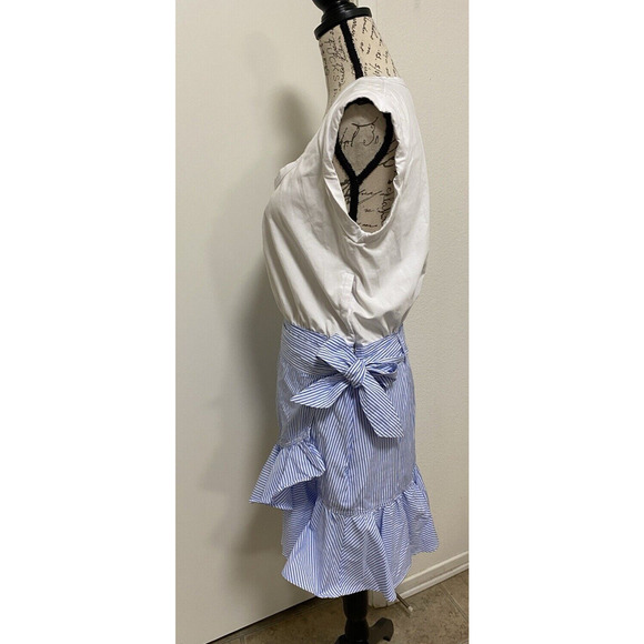Veronica Beard Dress Large Blue White Ruffle Striped Mini - Picture 2 of 10